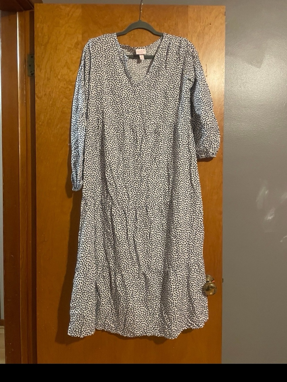 Polka Dot V-Neck Tiered Maxi Maternity Dress in Navy